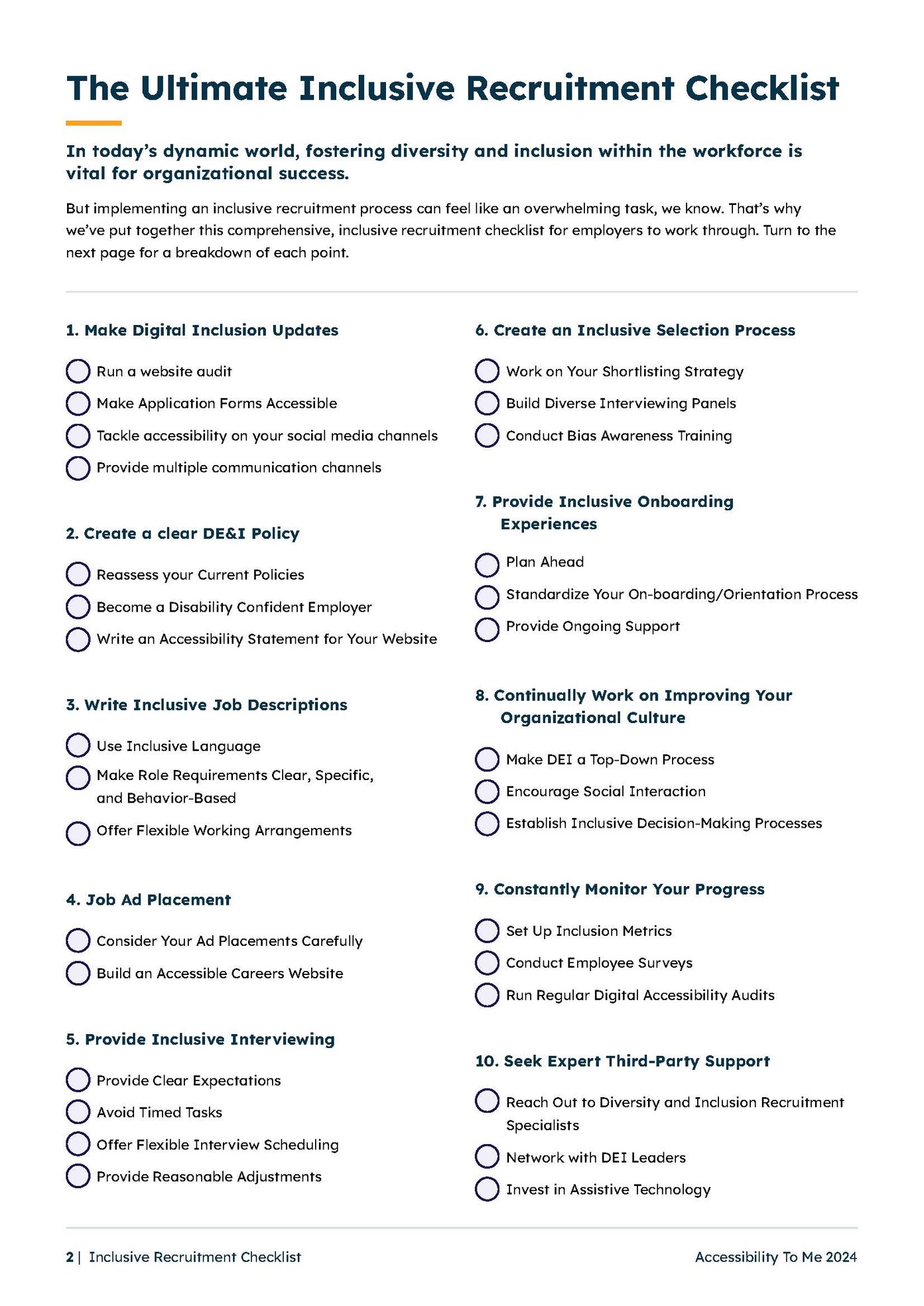 Accessibility To Me Inclusive Recruitment Checklist Page 2 with sections of checklists