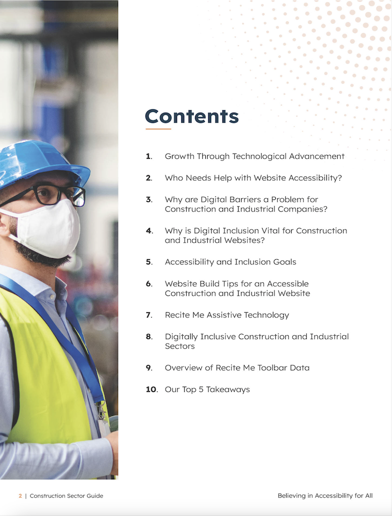 A preview of the content's page from Recite Me's Construction Sector Guide.