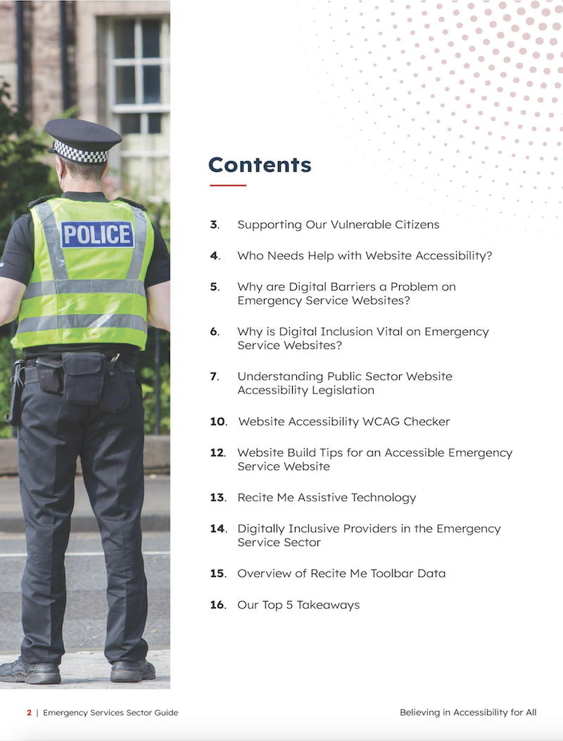 A preview of the Content Page from Recite Me's Emergency Services Sector Guide.