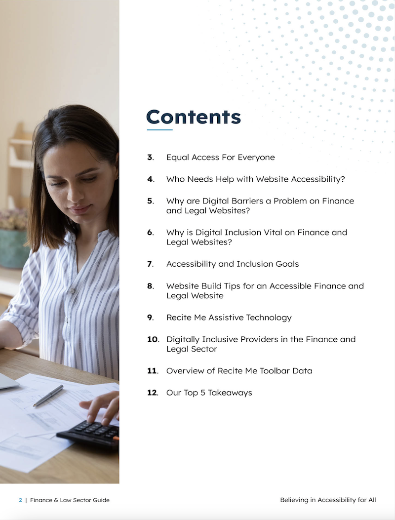 A preview of the contents page from Recite Me's Finance and Law Sector Guide.