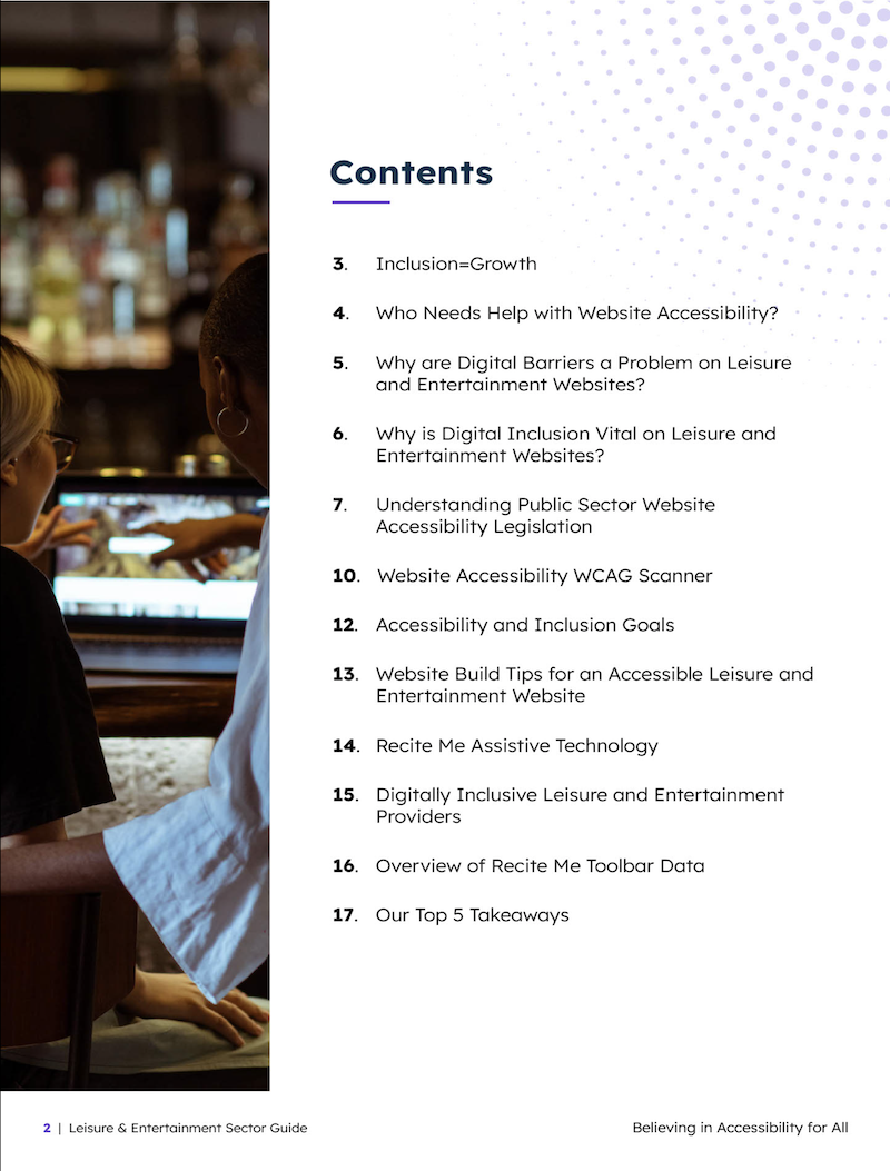 A preview of the Contents Page from Recite Me's Inclusive Online Leisure and Entertainment Guide.