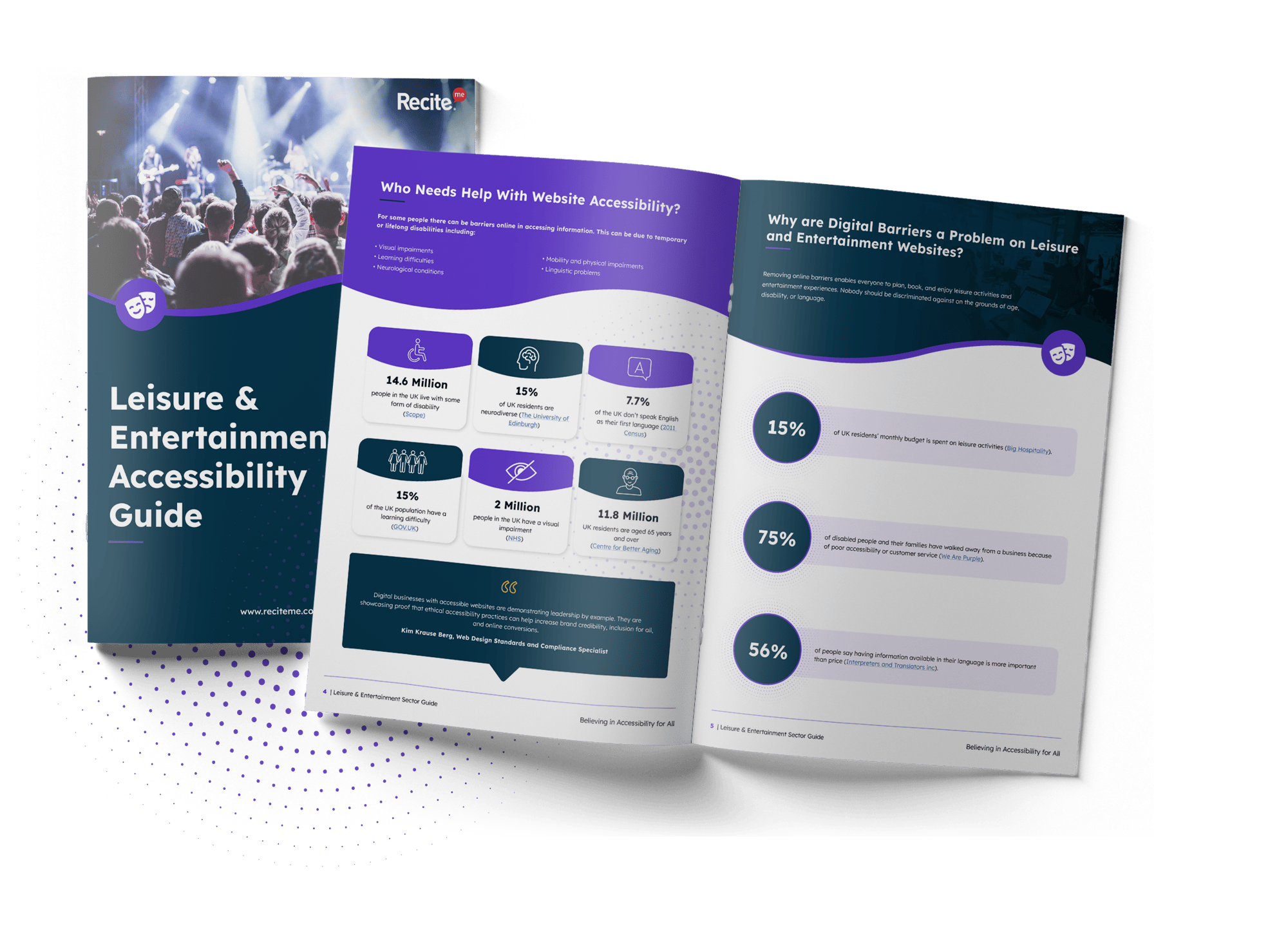 A mockup showing the cover page, pages 5 and 6 of Recite Me's Inclusive Leisure Sector Guide.