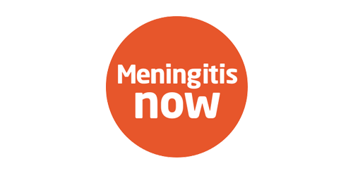 Meningitis Now is written in a bold white font in an orange circle.
