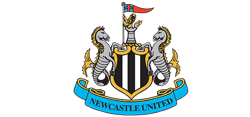Two grey and gold seahorses accompany a crest with a castle tower on top. The crest has a black and white pattern with Newcastle United written below.