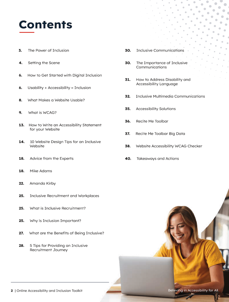 A screen grab of the contents page on the Online Accessibility and Inclusion Toolkit.