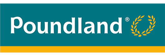 Poundland is written in bold white text on a cyan background. a gold reef sits to the right side.