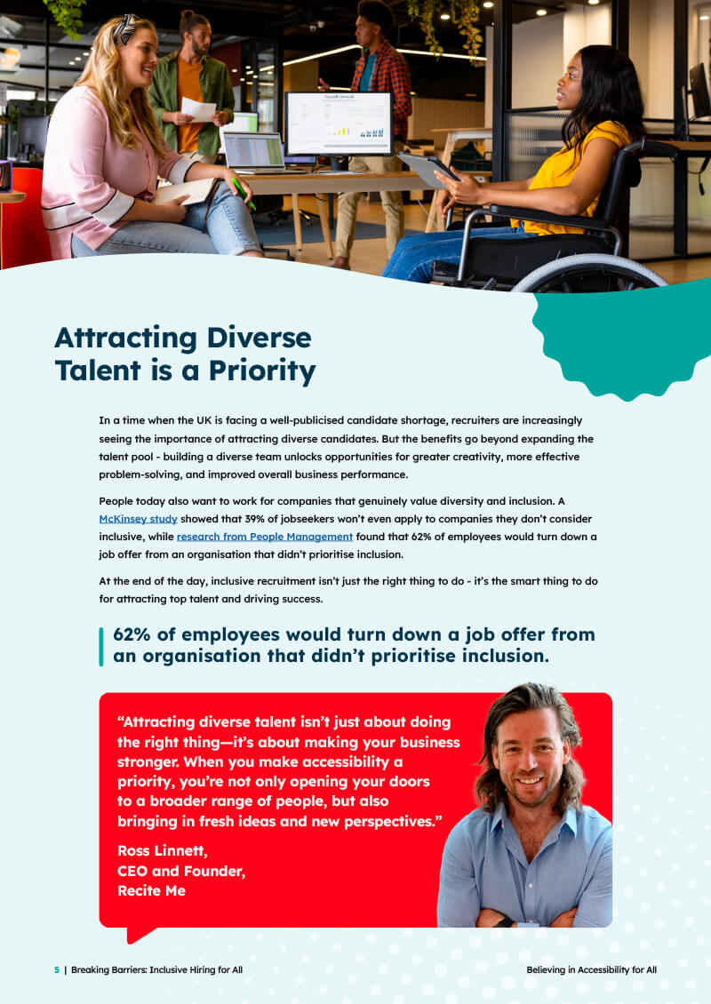 Screenshot of a page that is called 'Attracting Diverse Talent is a Priority' and has a quote from Recite Me CEO and Founder Ross Linnett