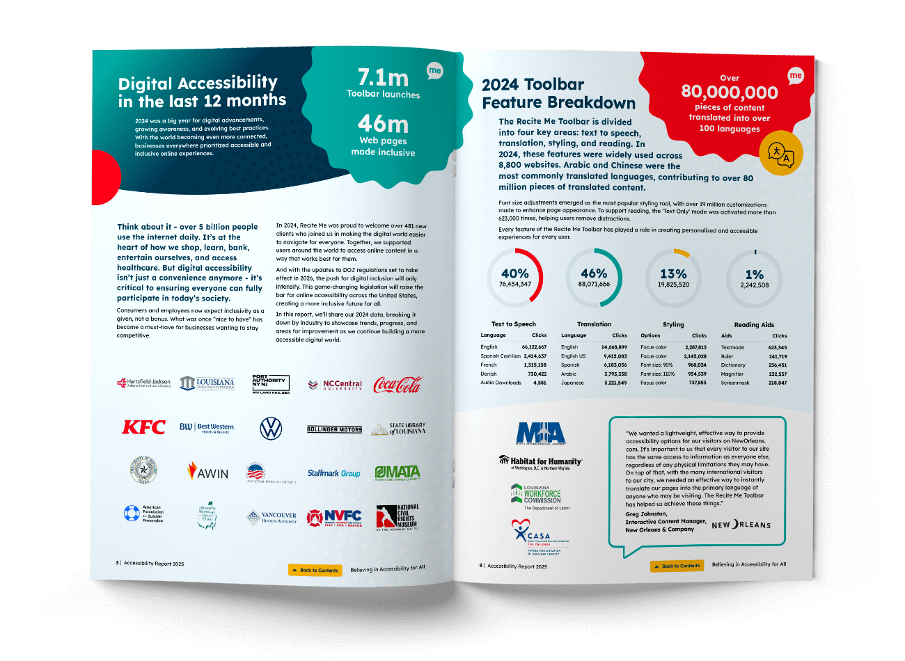 Double page mockup of the 2025 Recite Me Accessibility Report showing pages 3 and 8 of the report