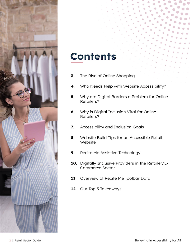 A screen grab of the Contents page from Recite Me's Retail & E-commerce Sector Guide.