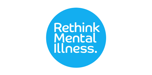 Rethink Mental Illness is written in a white font with a blue circle background.
