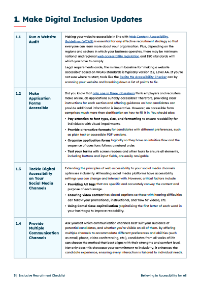 Page from the checklist showing a breakdown of digital inclusion updates