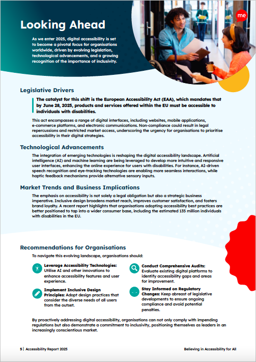 Page from the report titled 'Looking Ahead'  that outlines legislative and technological changes that will affect accessibility in the next year