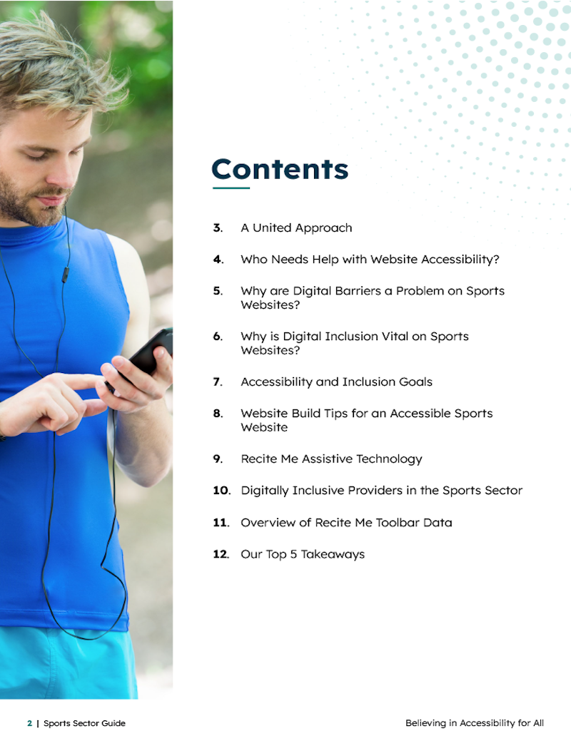 A screen grab of the contents page on Recite Me's Sports Accessibility Guide.