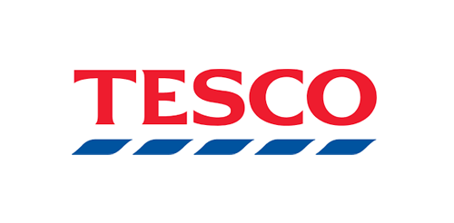 Tesco is written in a bold, red font across a dark blue dashing line.
