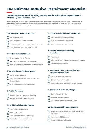 The Ultimate Inclusive Recruitment Checklist page with a tickable list that summarizes all of the sections in the checklist