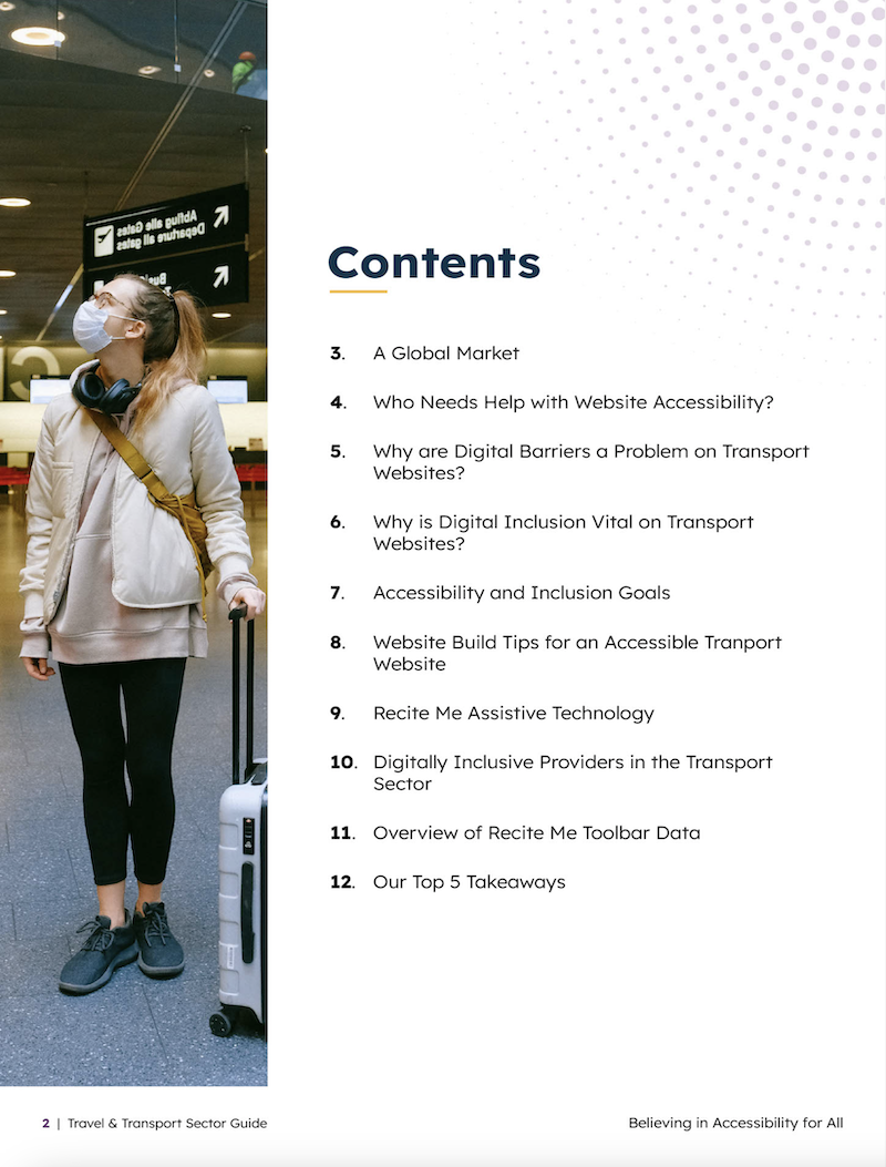 A preview of the contents page from Recite Me's Travel and Transport Sector Guide.
