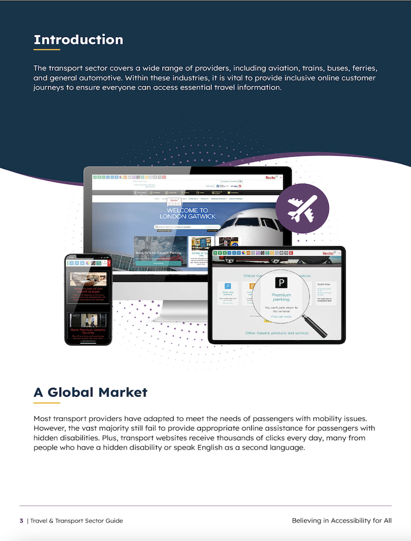 A preview of the intro page from Recite Me's Travel and Transport Sector Guide.