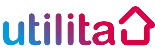 Utilita is written in blue and red blending colours with an illustration of a home on the right-hand side.