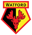 A red coloured moose sits in a crest which is half black, half yellow and above it reads, Watford.