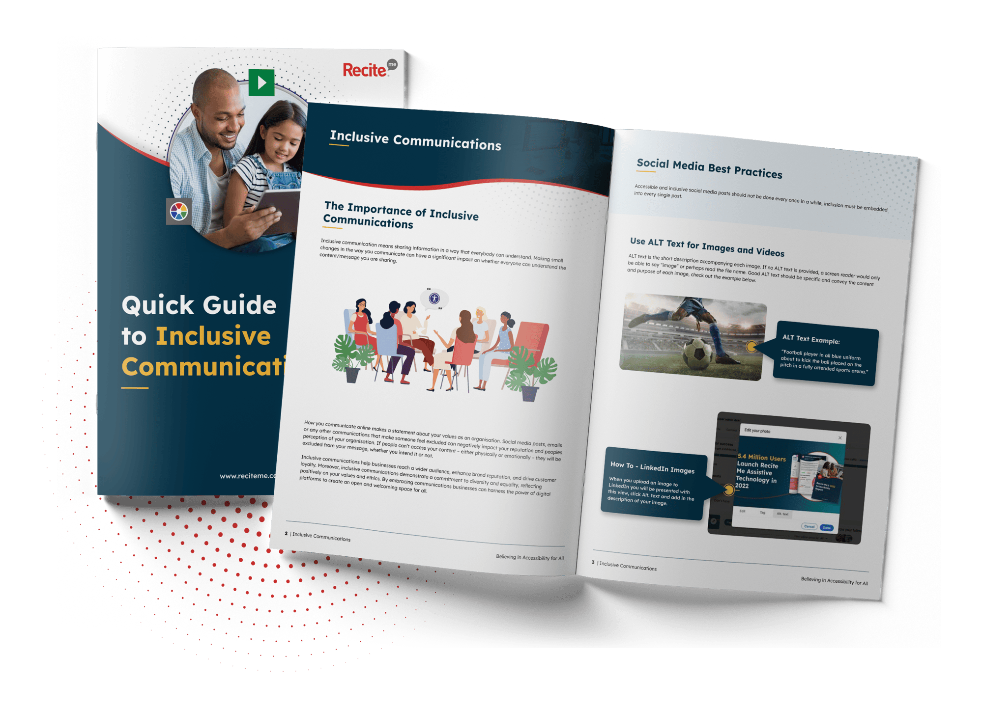 Mock up showing the cover and page titles 'Inclusive Communications' and 'Social Media Best Practices'