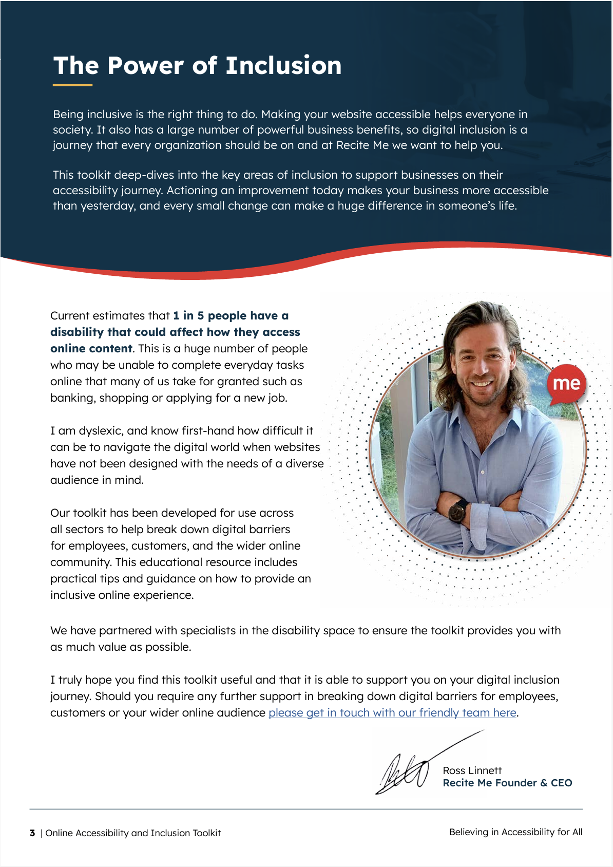 Introduction page of the toolkit, with a note from Ross, Recite Me Founder and CEO