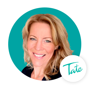 Headshot of Becky smiling and the Tate logo